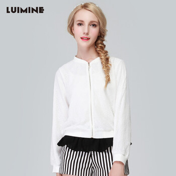 LUIMINE2015春装新款白色蕾丝卫衣棒球衫上衣短外套初秋薄外套女 白色 L