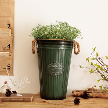 美式铁艺花盆摆件铁皮复古花桶干花鲜花插花桶 中号双耳铁皮花器a款