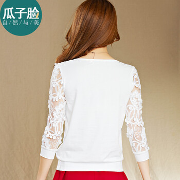 瓜子脸2015春季新品印花拼接淑女蕾丝衫1090 米白色 L