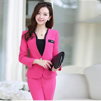 2015春装修身职业装女装套装西服正装工作服套裤加大码三件套 玫红配裤子 L
