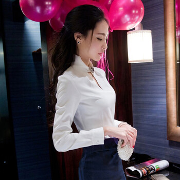 
                                        韩语琳空间春装女装性感镂空修身立领长袖打底衫 名媛公主上衣 白色 M                