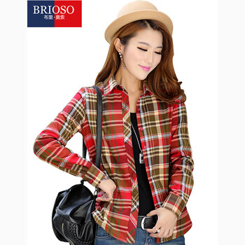 BRIOSO 冬款女士磨毛羊羔绒保暖长袖衬衫 女加绒加厚格纹长袖衬衫 女保暖衫衣 B132065BN XXXXL