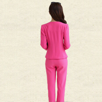 2015春装修身职业装女装套装西服正装工作服套裤加大码三件套 玫红配裤子 L