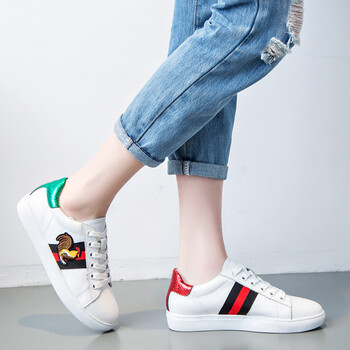 古查2017春夏新款小蜜蜂小白鞋真皮平底女鞋休闲鞋单鞋系带运动鞋