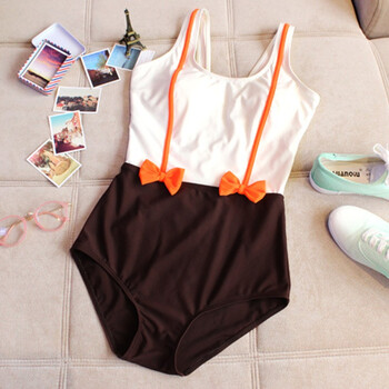 韩国学生少女保守修身显瘦撞色连体三角泳衣温泉 咖色 m_现价146元