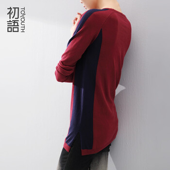 初语新款 宽松简约显瘦中长款撞色套头毛衣女8440423153 暗红 L