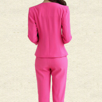 2015春装修身职业装女装套装西服正装工作服套裤加大码三件套 玫红配裤子 L