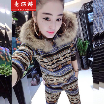 意丽娜 2016秋冬装新款狐狸毛毛领时尚女装毛线抓毛加厚保暖彩色横条休闲套装无货8233 蓝色 均码