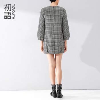 初语2016春季新款 简约撞色格纹毛呢连衣裙女8442422064 黑白格 XL