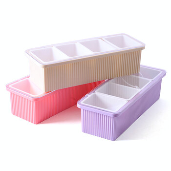 
                                        温庭 优质塑料简约调味盒 4个格塑料调料盒调味盒带小勺子调味盒调料盒 米色                