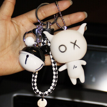 韩国卡通钥匙扣安仔黑仔汽车钥匙链圈可爱铃铛编织绳包包挂饰礼物 白