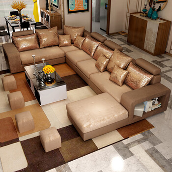 意米卡 布艺沙发组合 香槟金(308布款) 沙发六件套