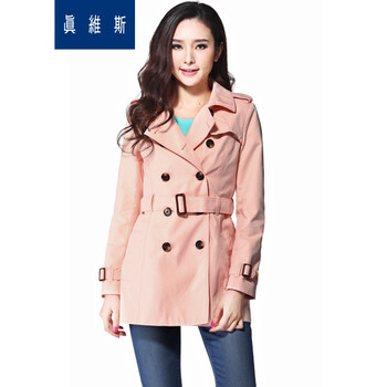 真维斯女装秋装 韩版时尚双排扣显瘦有里休闲风衣外套JW-51-222002 8251 浅虾玉 XL