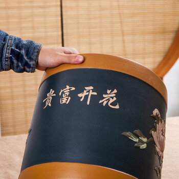 晨茗 宜兴紫砂茶叶罐大号普洱醒茶存茶罐 手工贴花工艺茶缸 七子茶饼密封罐 花开富贵10饼