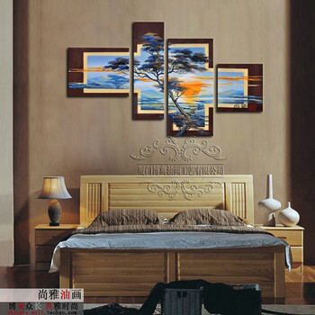 纯手绘油画卧室床头背景墙装饰画无框画壁画挂画墙画四联客厅画 50年不褪色 净总长1.5米