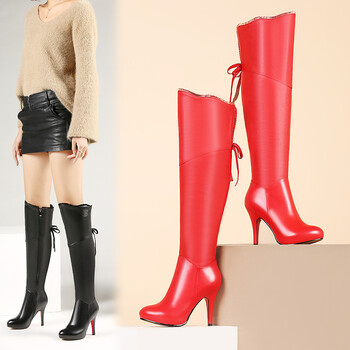 雅诗莱雅长靴女真皮马靴圆头细跟皮靴牛皮侧拉链高筒靴 红色 38