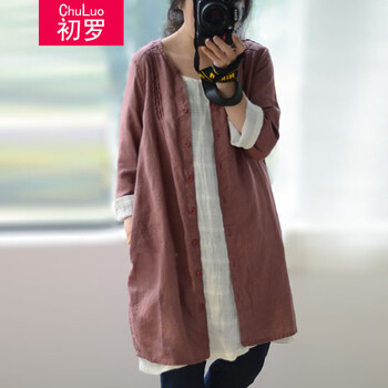 初罗2015春秋装新款女装日系文艺气质休闲宽松棉麻复古外披衬衫上衣外套 旧红色 XL