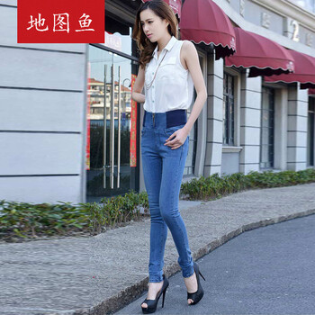 2015春款松紧腰高腰 加肥加大码牛仔裤女长裤显瘦修身小脚铅笔牛仔裤 地图鱼 865浅蓝款 XL