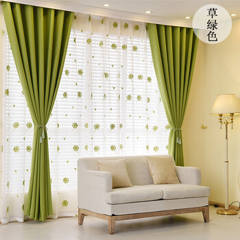 纯色落地窗全遮光窗帘成品棉麻短清新飘窗布隔热卧室客厅定制f 草绿色
