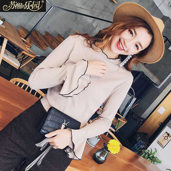 修身显瘦棉质秋季长袖针织衫女套头纯色喇叭袖简约百搭上衣 卡其色 m
