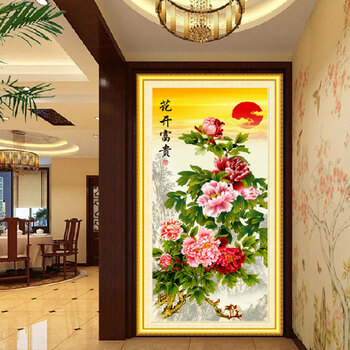 
                                                            皇室珍品ks 十字绣新款客厅系列大幅牡丹花印花花开富贵玄关竖版 花开富贵牡丹9CT丝线印花92*186CM                