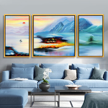 纯手工绘油画客厅装饰画现代简约沙发墙山水画三联画赵无极抽象画