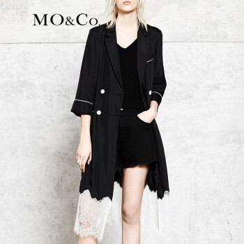 MO&Co.MOCO蕾丝拼接西装领七分袖双排扣连衣裙MA173DRS121 摩安珂黑色M 