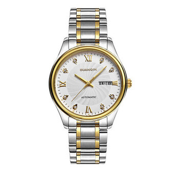 冠琴(guanqin)机械男表商务手表复古时尚精钢带防水镶钻表 间金白面