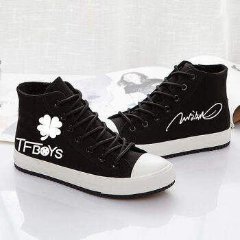 tfboys同款鞋子夜光帆布鞋女学生平跟高帮布鞋 黑色王俊凯签名 38