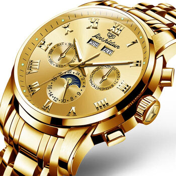 金仕盾手表男士手表机械表全自动防水夜光多功能腕表18钢带全金色