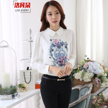 洛凡朵2015新款短袖无袖长袖衬衫女修身印花雪纺衫 长袖 XXL