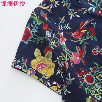 锦澜伊悦印花棉麻衬衫2015夏装新款复古宽松大码T恤衫短袖娃娃衫女上衣文艺民族风 丈青红花 M