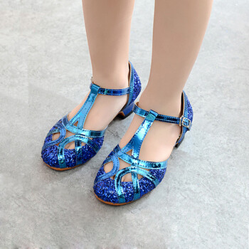 儿童软底闪亮小高跟拉丁舞鞋女孩子新款舞蹈表演出凉鞋 蓝色 30