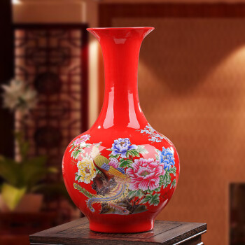 
                                        轩品阁 景德镇陶瓷器 中国红陶瓷落地花瓶新新婚房装饰红色家居喜庆用品 龙凤呈祥赏瓶高46CM                