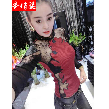 香情姿  蕾丝拼接镂空修身显瘦打底衫长袖T恤紧身小衫潮 酒红色 均码