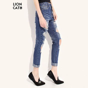 lioncat  欧美2015夏季新款做旧破洞牛仔裤女乞丐牛仔小脚裤铅笔裤女潮 图片色 M