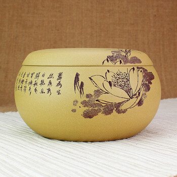 
                                        指间陶艺--宜兴紫砂茶叶罐全手工醒茶罐大号普洱罐包邮--段泥荷花大圆罐                