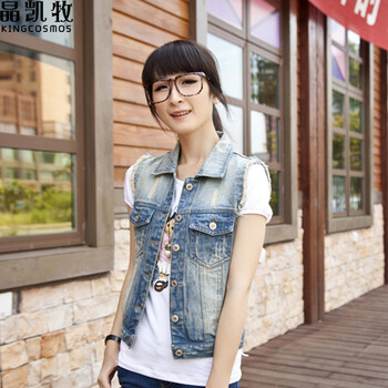 晶凯牧新款马甲女装时尚无袖大码磨破牛仔背心CMJ07 怀旧蓝 L