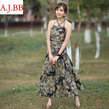 橘色霓裳*XC8090  2015民族风夏新款女装 精麻印花吊带+裙两件套 白色 均码