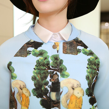 本千2015春新品复古印花图案棒球服小香风短外套女 蓝色 L