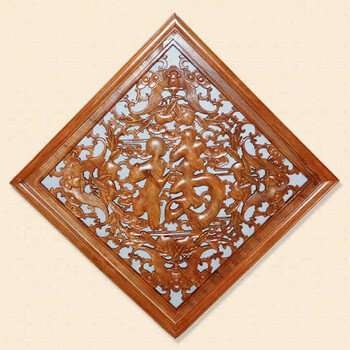 东阳木雕实木雕刻玄关挂件中式装修仿古家具香樟木菱形五福壁饰挂屏
