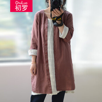 初罗2015春秋装新款女装日系文艺气质休闲宽松棉麻复古外披衬衫上衣外套 旧红色 XL