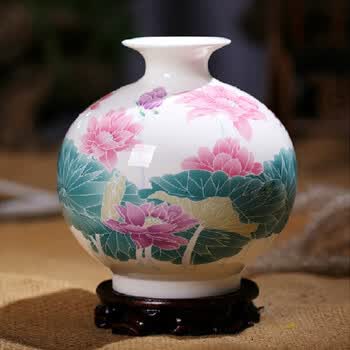 景德镇釉下五彩荷花骨瓷花瓶陶瓷创意家居装饰工艺品摆件 石榴瓶 花瓶