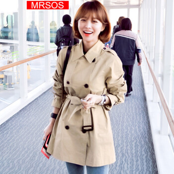 MRSOS 中长款风衣外套女款春秋韩国代购2015新款秋冬装修身双排扣学院风 卡其色 L