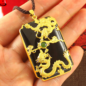 皇顺 金镶玉龙牌吊坠男款和田玉镶嵌黄金墨玉双龙戏珠