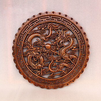 东阳木雕挂件圆形镂空雕刻工艺壁饰 家居客厅酒店壁饰挂件工艺品 双龙