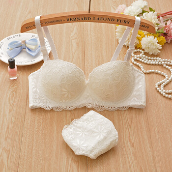 钢圈文胸半罩杯性感聚拢学生高中生厚款内衣套装透气胸罩 q68白色套装