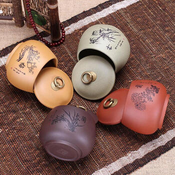 
                                        玖晟祥 宜兴紫砂茶叶罐原矿紫砂醒茶罐 精品普洱罐 陶瓷缸梅兰竹菊 铜扣小罐—兰花款                