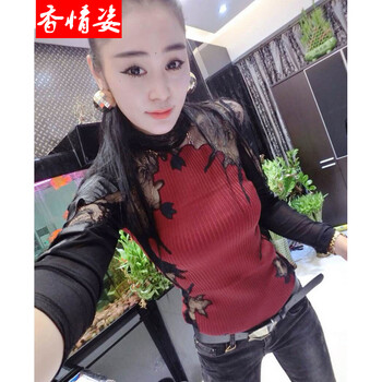 香情姿  蕾丝拼接镂空修身显瘦打底衫长袖T恤紧身小衫潮 酒红色 均码