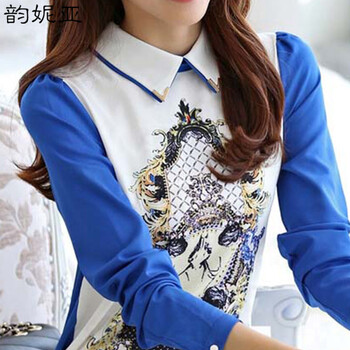 韵妮亚2015秋装新款修身印花衬衣领雪纺衫女小清新上衣8019 蓝色(A款) M